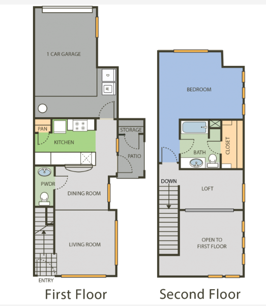 Floor plan for 1 bed, 1.5 baths, 900 sqft